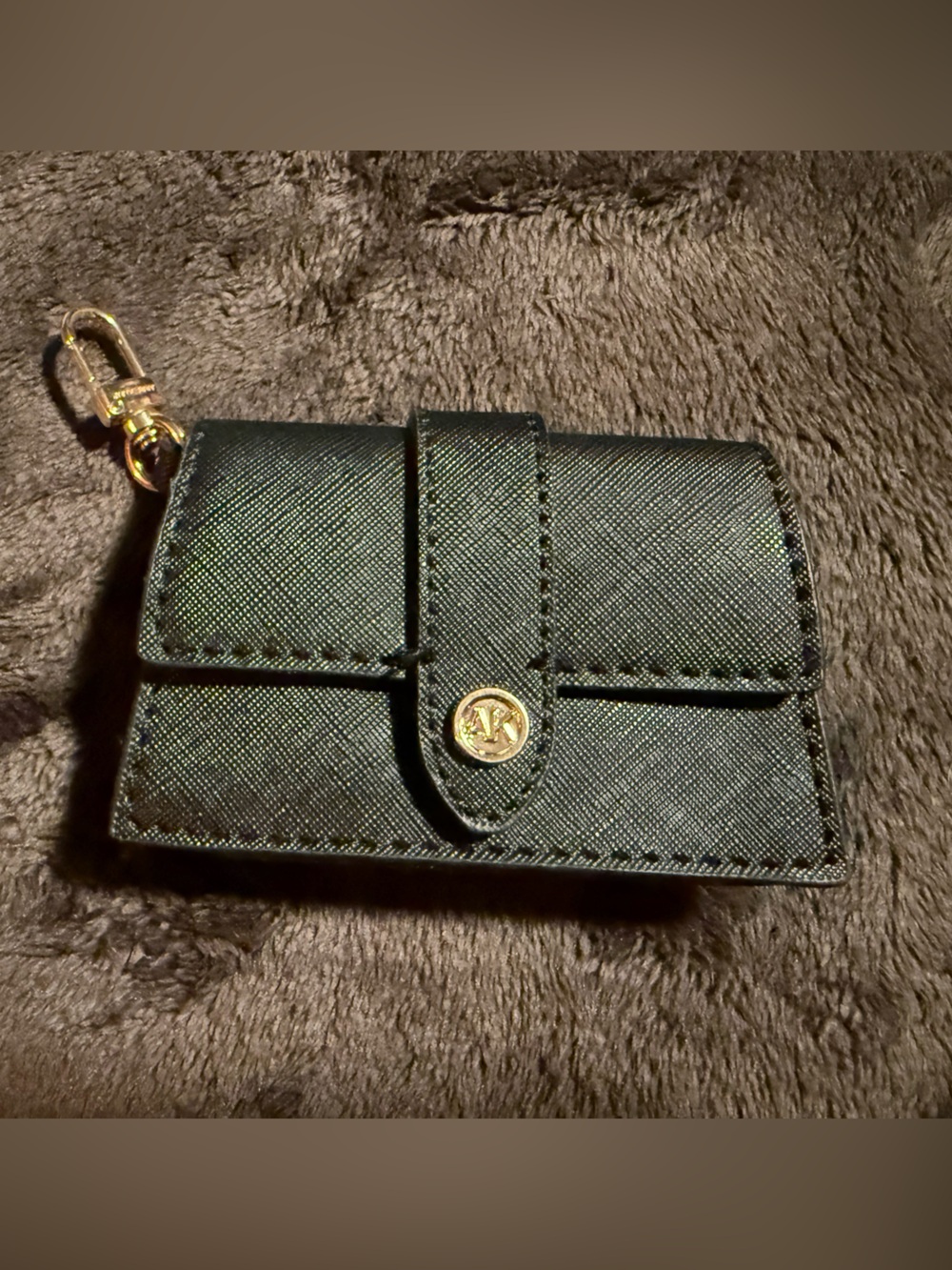 Anne Klien Black Saffiano Leather Card Holder Wallet with Gold Hardware